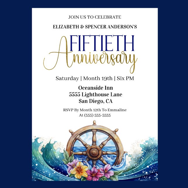 Invitation Volant de navigation pour 50e anniversaire de mari (Nautical 50th wedding anniversary invitation with ship wheel, ocean waves, and tropical flowers )