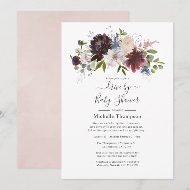 Invitation Volée florale bordeaux et rose vif par douche (Devant / Derrière)