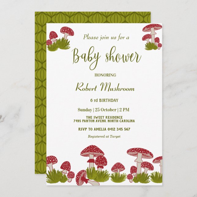 Invitation Voler Champignons Goblincore Green Baby shower Inv (Devant / Derrière)