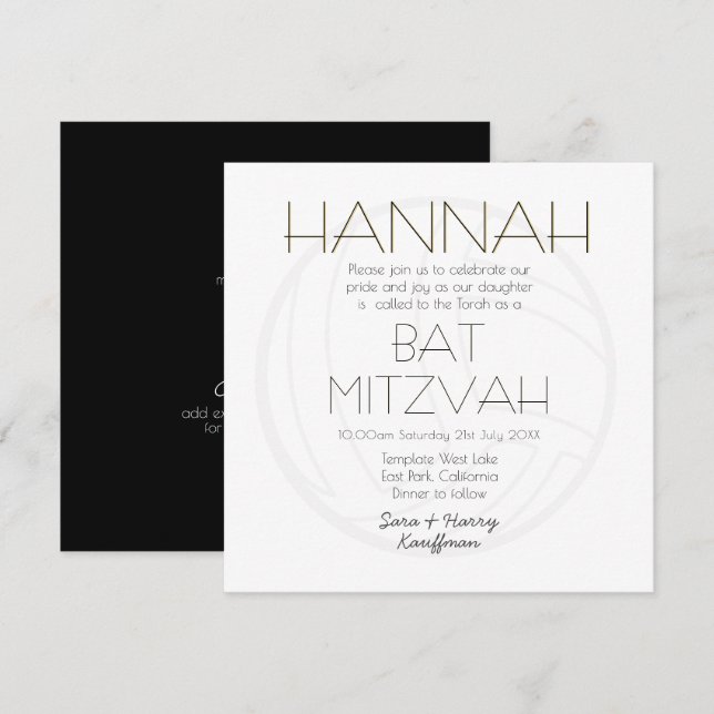 Invitation Volley-ball BAT MITZVAH Black White Gold (Devant / Derrière)