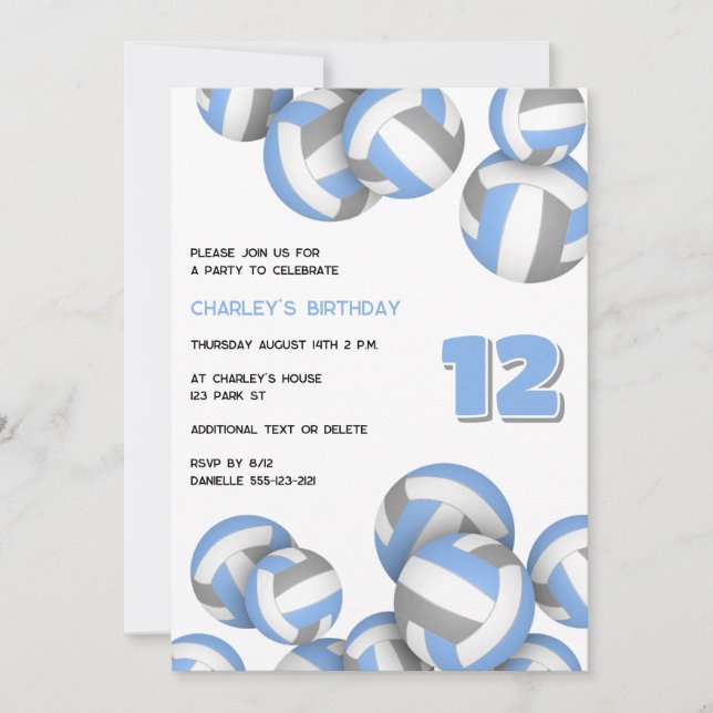 Invitation volley-ball gris bleu pour adultes anniversaire ou (Devant)