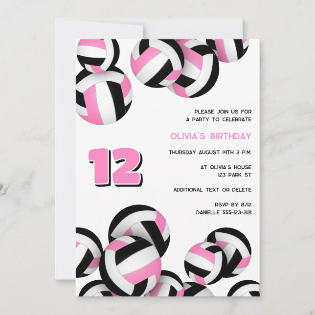 Invitation volley noir rose filles anniversaire (Devant)