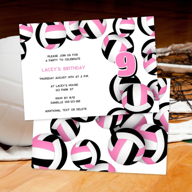 Invitation volley noir rose filles sports fête d'anniversaire (front & back views)