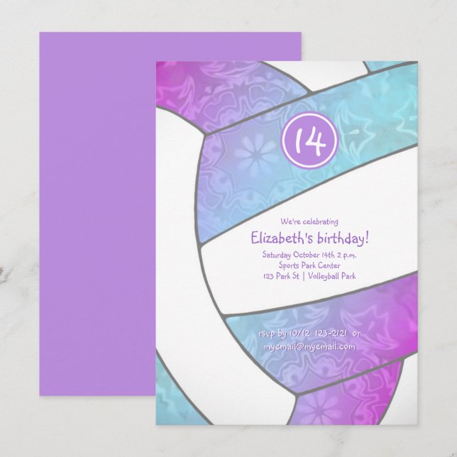 Invitation volleyball rose turquoise violet anniversaire girl (Devant / Derrière)