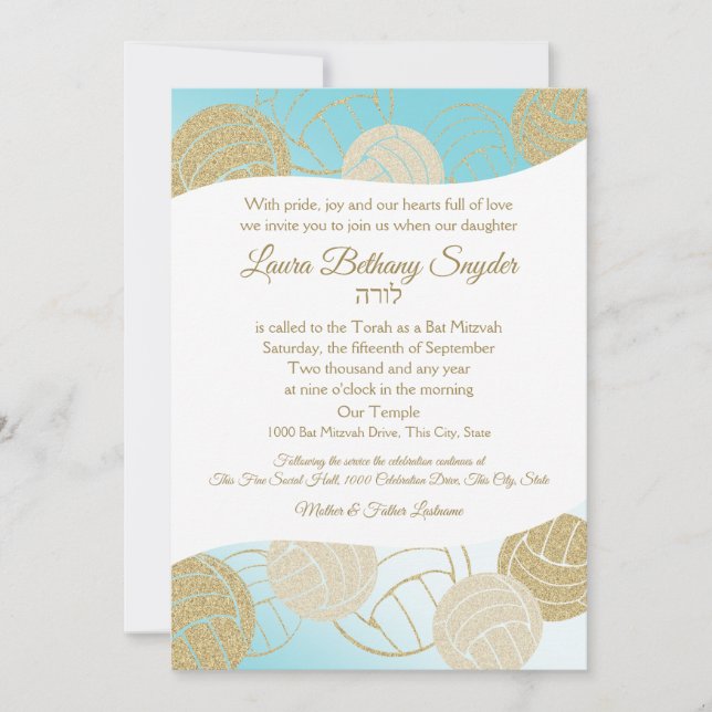 Invitation Volleyball Sports Bat mitzvah Bleu et Or (Devant)