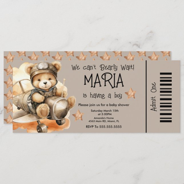 Invitation Volying Teddy Bear Baby shower TickParty (Devant / Derrière)