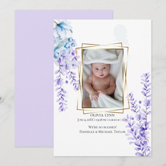 Invitation Votre Bébé Photo Aquarelle Lavande - Dusty Blue (Devant / Derrière)