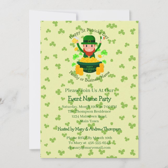 Invitation Votre nom Message Jour de la Saint Patrick Shamroc (Devant)