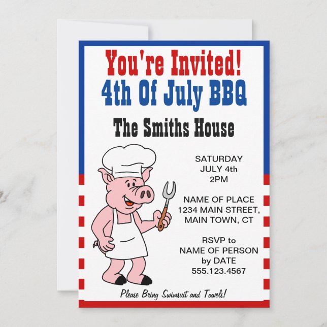 Invitation Vous êtes invité au BBQ du 4 juillet Cartoon Pig (Devant)