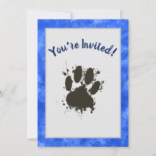 Invitation Vous Êtes Invité Chien Paw Party Blue Watercolor