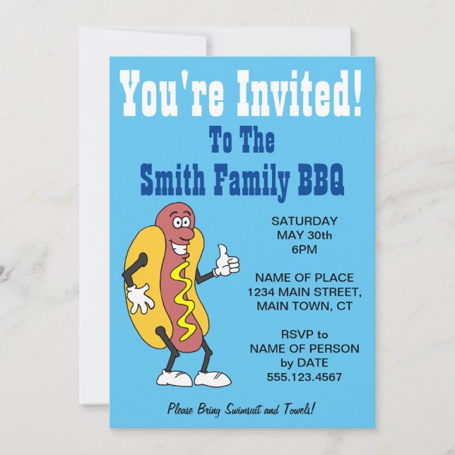 Invitation Vous êtes invité Famille BBQ Hot Dog Cartoon Blue (Devant)