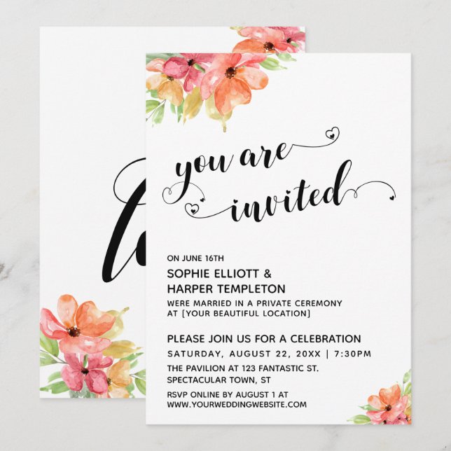 Invitation Vous êtes invités Hearts Script Boho Florals (Devant / Derrière)