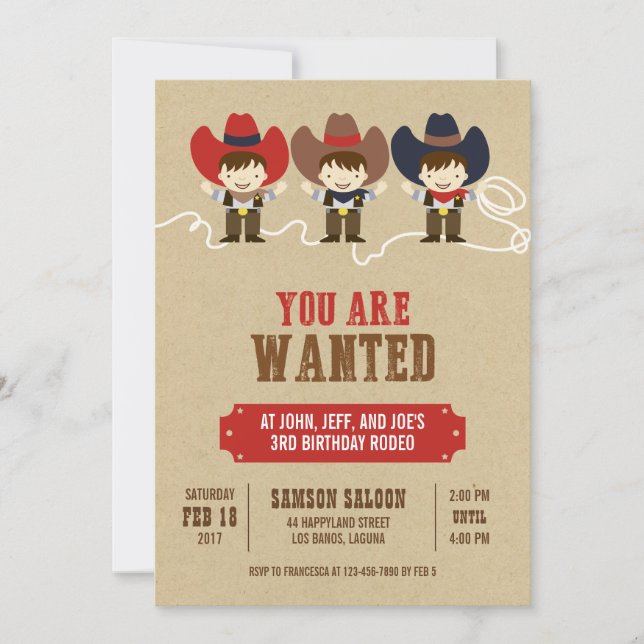 Invitation Vous Êtes Recherché Cowboy Triplets Anniversaire I (Devant)