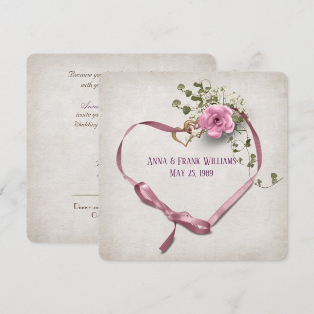 Invitation Vow mariage renouvellement - coeur rose ruban avec (Devant / Derrière)
