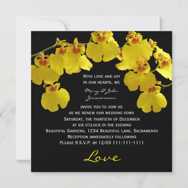 Invitation Vow Renewal Bright Yellow Orchidées on Black (Devant)