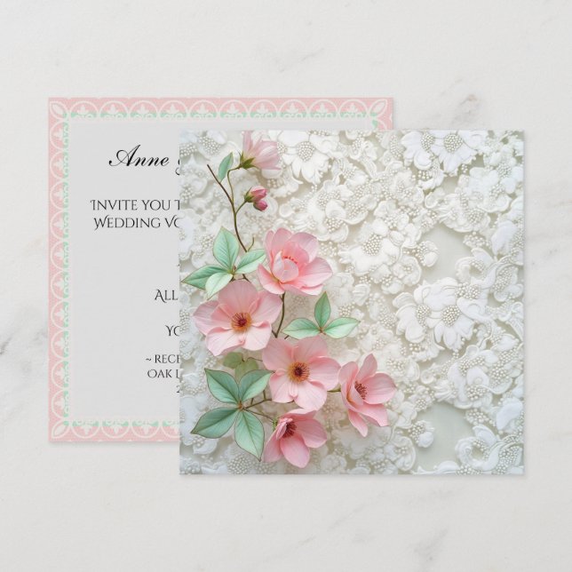 Invitation Vow Renouvellement Fleurs Roses Sur Dentelle Brida (Devant / Derrière)