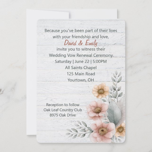 Invitation Vow Renouvellement Fleurs Sur Bois Blanchi (Devant)