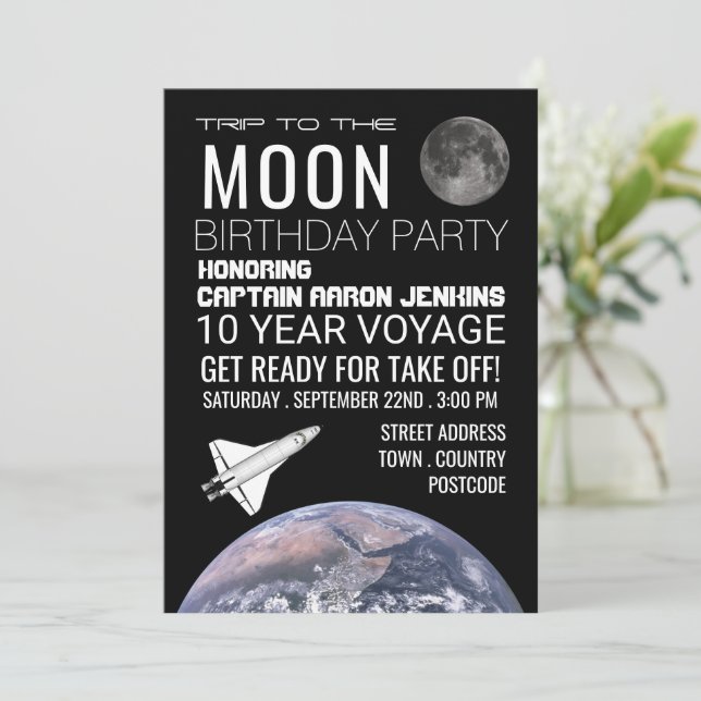 Invitation Voyage à la Lune, navette spatiale fête d'annivers (Debout devant)