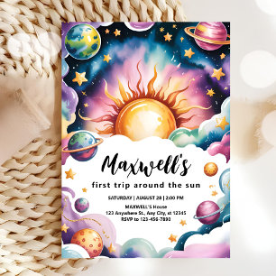 Invitation Voyage autour du soleil Watercolor garçon 1er anni