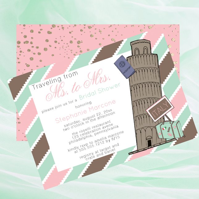 Invitation Voyage de Mme à Mme Italie Fête des mariées à thèm (Traveling From Ms To Mrs Italy Travel Destination Leaning Tower of Pisa Bridal Shower Invitation)