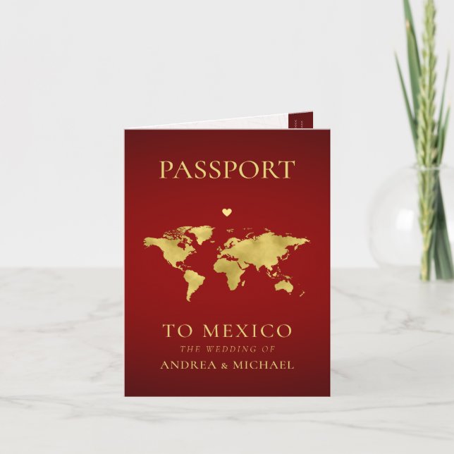 Invitation Voyage de passeport rouge et or Destination Mariag (Devant)