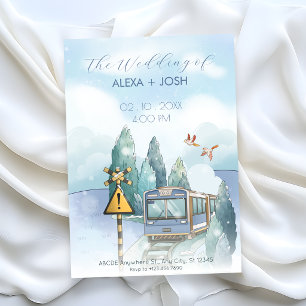 Invitation Voyage en train de mariage bleu esthétique