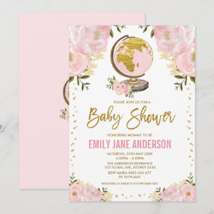 Invitation Voyage fille Baby shower rose or or aventure flora