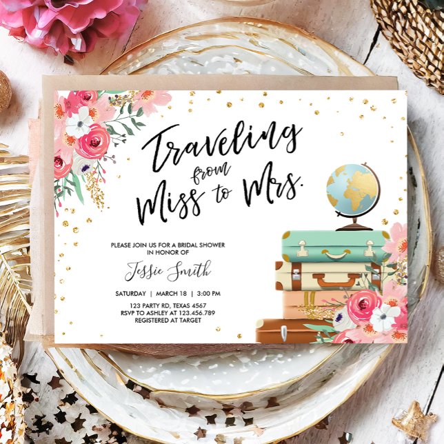 Invitation Voyage Mlle à Mme Pink Floral Fête des mariées (Créateur téléchargé)