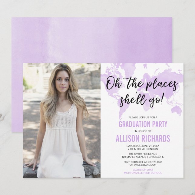 Invitation Voyage oh les endroits elle ira photo d'obtention (Devant / Derrière)