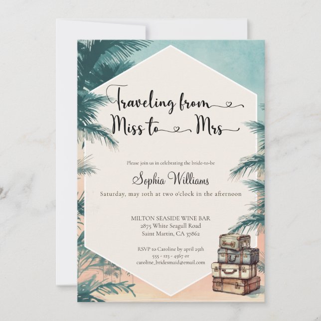 Invitation Voyager de Miss à Mme douche tropicale nuptiale (Devant)