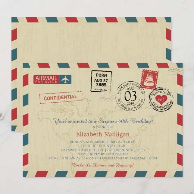 Invitation Voyageur vintage monde Airmail fête d'anniversaire (Devant / Derrière)