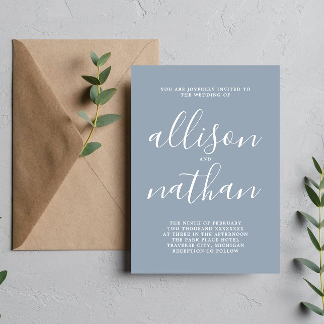 Invitation Vrai Simplicité 1 Dusty Blue Minimalist Mariage (Créateur téléchargé)