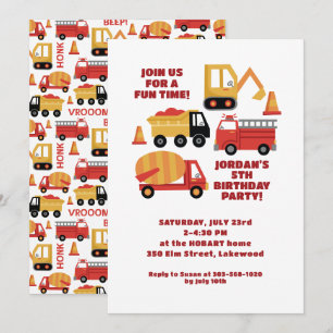 Invitation Vroom Klaxon Bip! Camions Anniversaire