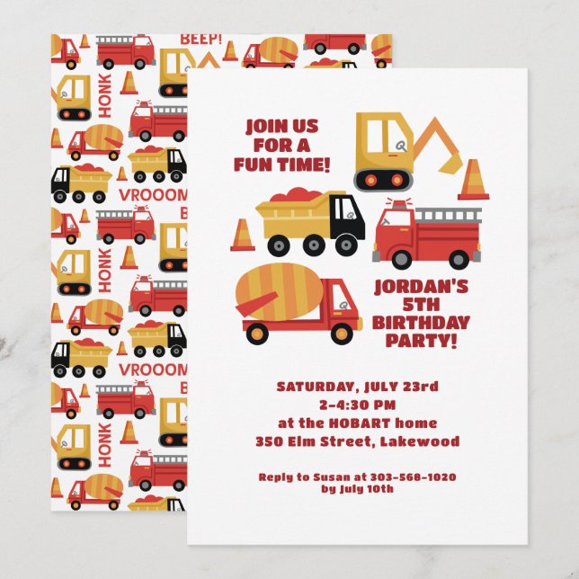 Invitation Vroom Klaxon Bip! Camions Anniversaire (Devant / Derrière)