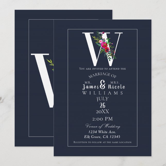 Invitation W Monogramme Dernier initial bleu Floral Mariage (Devant / Derrière)