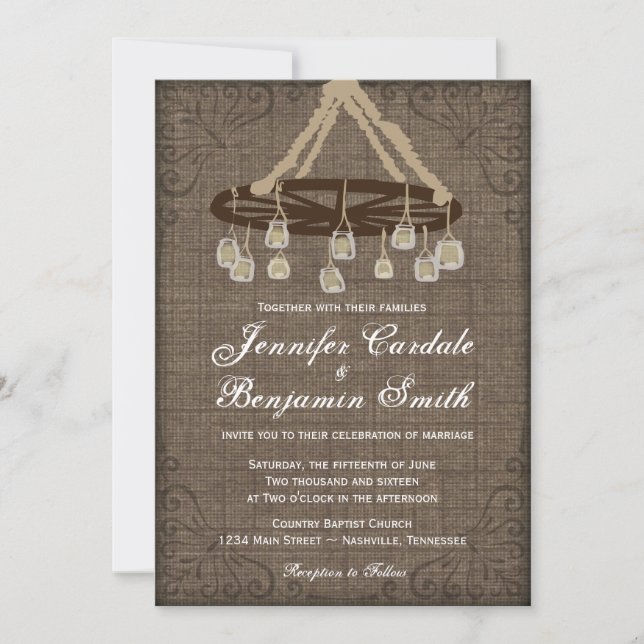 Invitation Wagon Wheel Mason Jar Chandelier Mariage Invite (Devant)