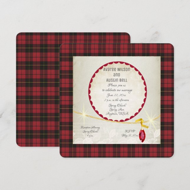 Invitation Wallace Red Tartan Garden Mariage (Devant / Derrière)