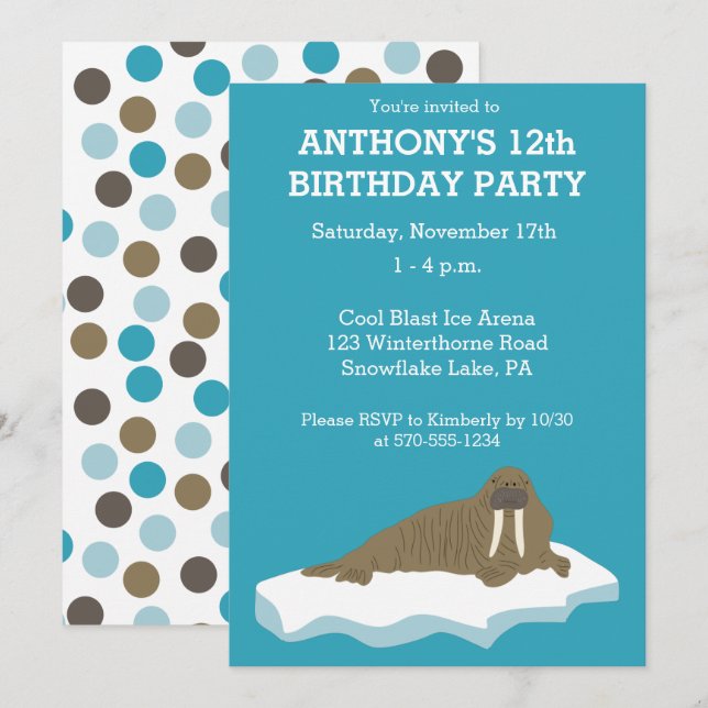 Invitation Walrus sur une Iceberg Custom Birday Party (Devant / Derrière)