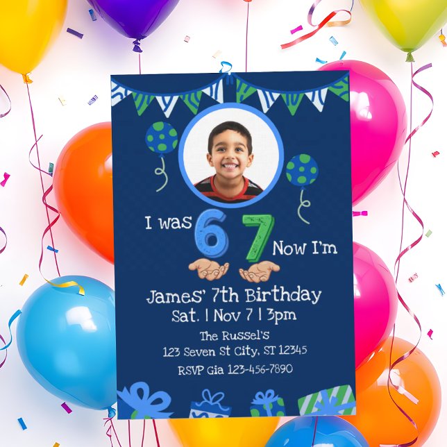 Invitation Was 6 Now 7, Blue Green Picture 7th Birthday (Créateur téléchargé)
