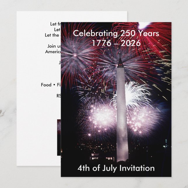 Invitation Washington Monument 250 Years 4th of July Party (Devant / Derrière)