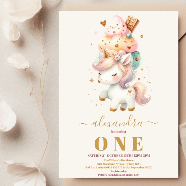 Invitation Watercolo Ice Cream Unicorn 1er Anniversaire Paste (Créateur téléchargé)