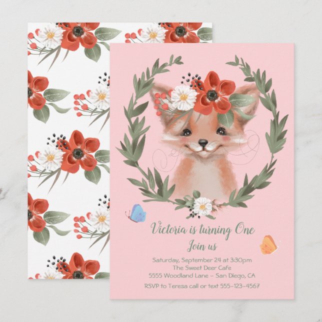 Invitation Watercolor Baby Fox couronne fête d'anniversaire (Devant / Derrière)