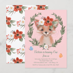 Invitation Watercolor Baby Fox couronne fête d'anniversaire