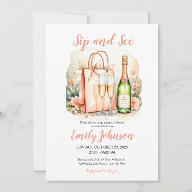 Invitation Watercolor Baby Girl Sip and See (Devant)
