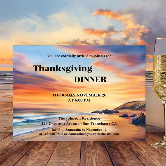 Invitation Watercolor Beach Dîner d'action de grâces (Watercolor Thanksgiving dinner party invitation featuring a sunset on the beach)