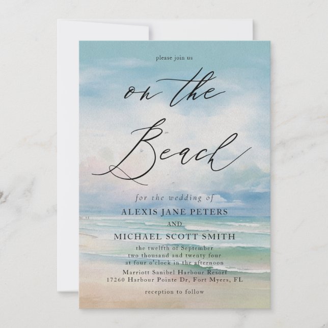 Invitation Watercolor Beach Ocean Coastal Mariage (Devant)