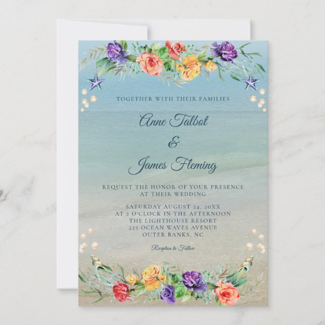 Invitation Watercolor Beach Océan Floral Mariage (Devant)