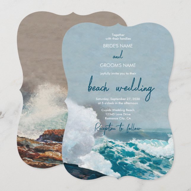 Invitation Watercolor Beach Ocean Waves Monogram Mariage (Devant / Derrière)