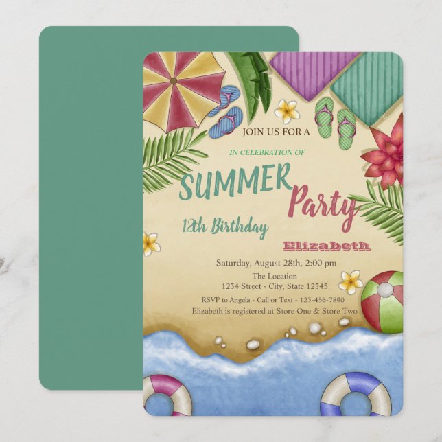 Invitation Watercolor Beach Relax Anniversaire (Devant / Derrière)