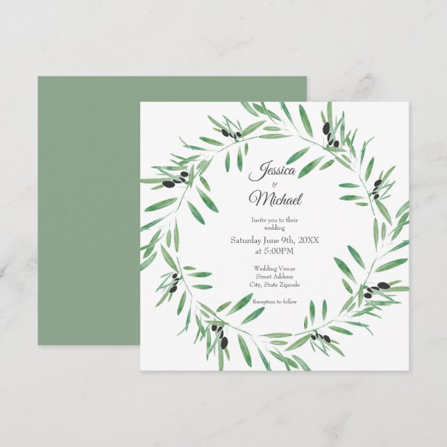 Invitation Watercolor Black Olive Wreath (Devant / Derrière)